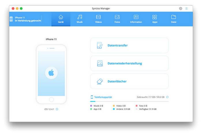 Programmoberfläche von Syncios iPod Transfer