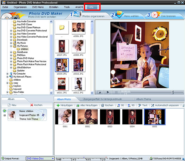 Mit der registrierten Photo DVD Maker können Sie Diashows an TV, Computer und iPod, iPhone, Handys anschauen.