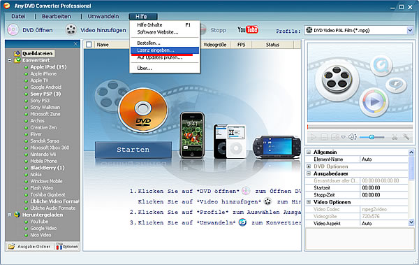 Any DVD Converter Pro. kann DVD rippen und Videos auf iPod, iPhone, Zune und Handys umwandeln.