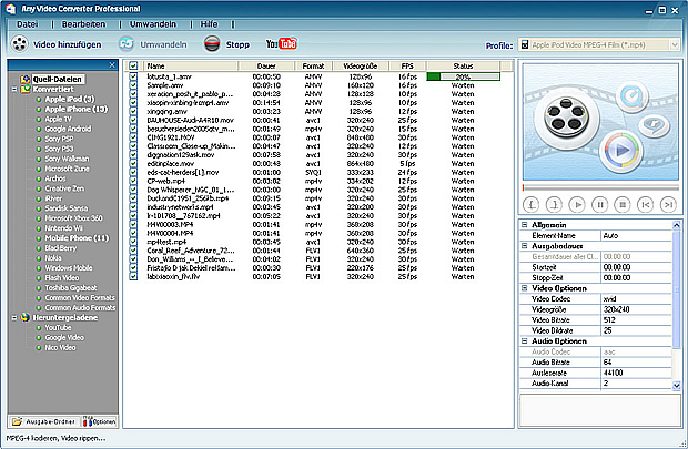 Any Video Converter konvertiert Videos für iPod, iPHone, Zune, Handys