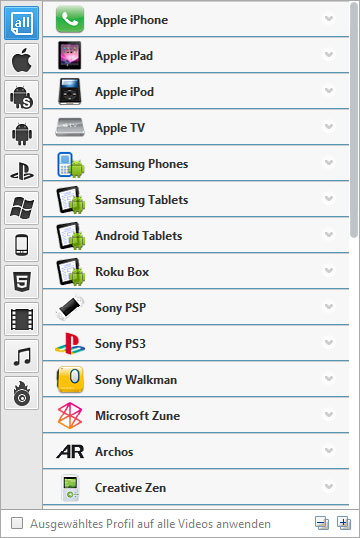 Ausgabeprofile von Any Video Converter Freeversion