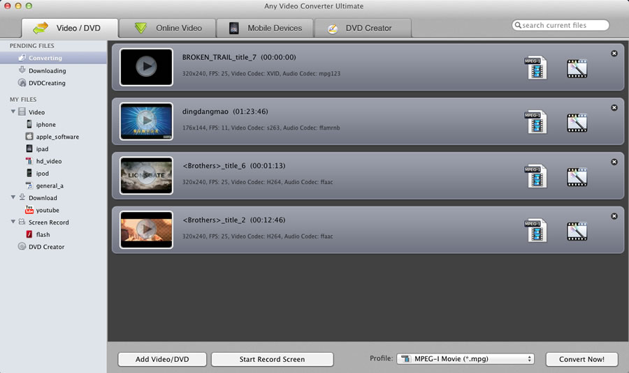 Any ideo Converter Ultimate für Mac konvertiert Videos für iPod, iPHone, Zune, Handys auf Mac
