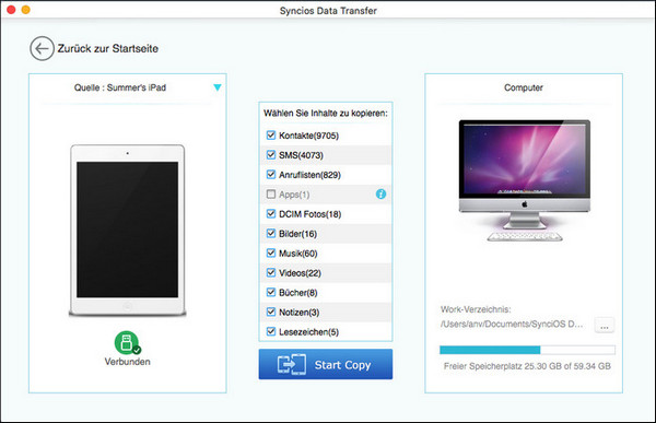 Inhalte für Backup auswählen