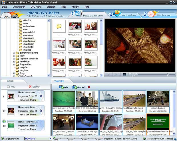 Photo DVD Maker kann Video-Clips in Vorschau Fenster hinzufügen