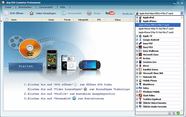 Der DVD to iPhone Converter kann DVD rippen und Videos in AVI, WMV, 3GP, MPEG umwandeln.
