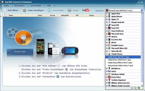 Der Handy Converter kann DVD rippen und Videos in AVI, WMV, 3GP, MPEG umwandeln.