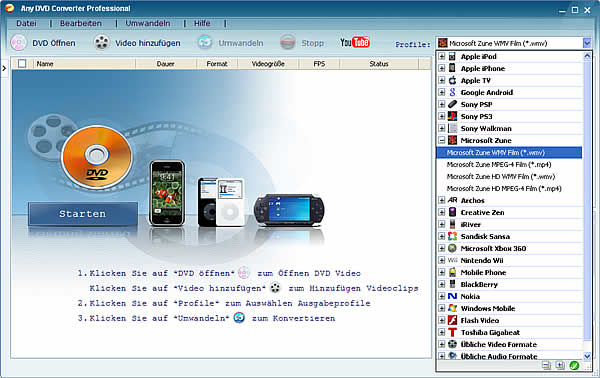 Der DVD to Zune Converter kann DVD rippen und Videos in AVI, WMV, 3GP, MPEG umwandeln.
