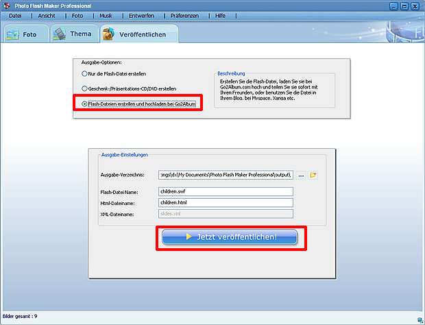 Photo Slideshow Maker kann Foto Flash Diashow bei Go2Album hochladen