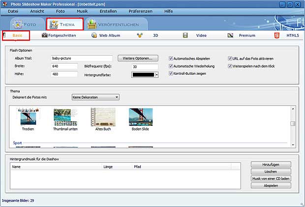 Photo Slideshow Maker erstellt Flash Diashow mit Hintergrunkmusik und Übergänge