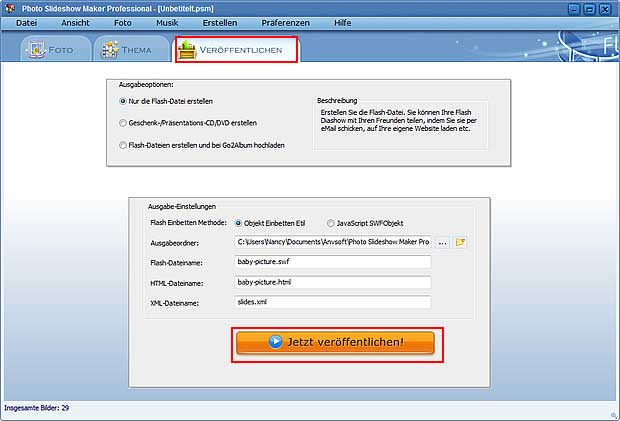 Veröffentlichen Sie die von Photo Slideshow Maker erstellte Foto Flash Diashow